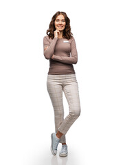 sale, shopping and business concept - happy female shop assistant or saleswoman with name tag over...