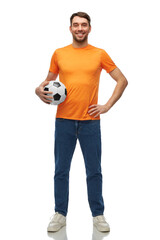 sport, leisure games and people concept - happy smiling man or football fan with soccer ball over white background