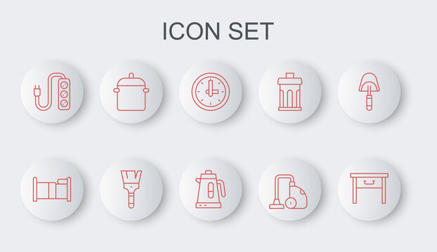 Set line Furniture nightstand, Bed, Clock, Vacuum cleaner, Electric extension, Cooking pot, Paint brush and kettle icon. Vector