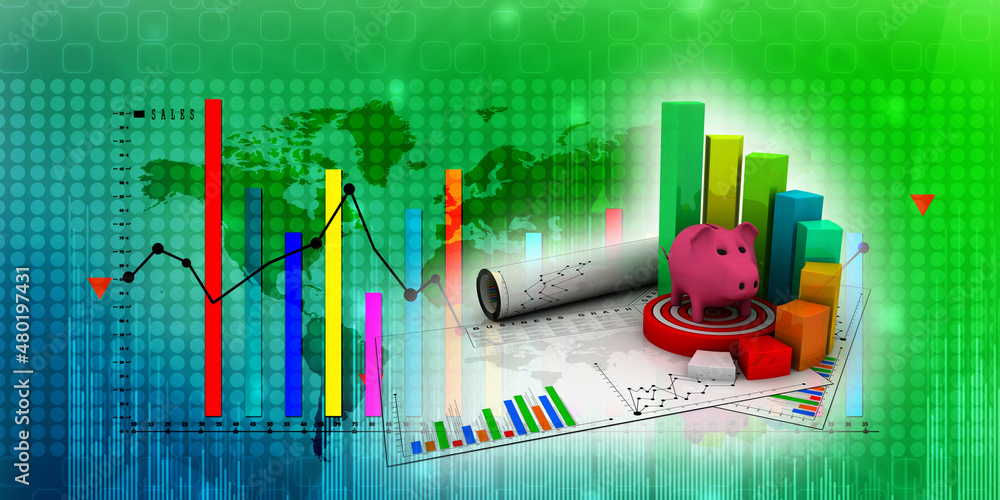 Poster 3d rendering Pig Coin bank with business graph