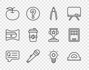 Set line Speech bubbles with Question, Protractor grid, Drawing compass, Microphone, Apple, Coffee cup go, Light bulb and Graphic tablet icon. Vector