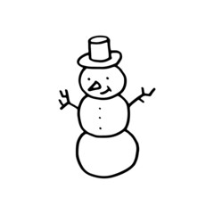 Vector cartoon snowman illustration. Black and white colors. Hand drawn doodle snowman