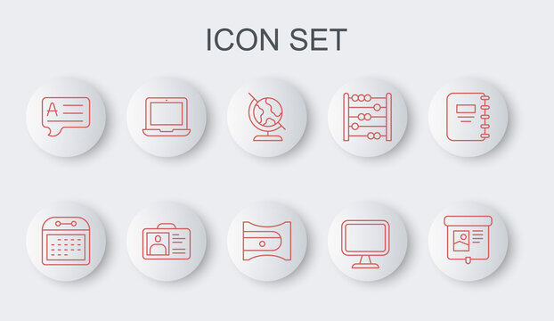 Set line Projection screen, Calendar, Earth globe, Computer monitor, Speech bubbles with Answer, Laptop, Identification badge and Pencil sharpener icon. Vector