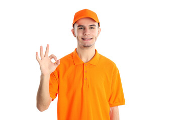 Attractive delivery man isolated on white background