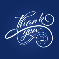Thank You hand lettering style on a blue background, vector illustration