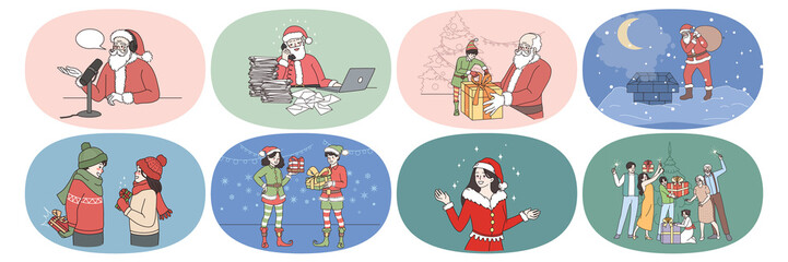 Set of old Santa Claus and elves prepare Christmas present for children on winter holidays. New Year celebration and gifts exchange. Winter holiday magic festive time. Flat vector illustration. 