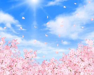 美しく華やかな桜の花と花びら舞い散る春の爽やか青空に光差し込む雲のフレーム背景ベクター素材イラスト
