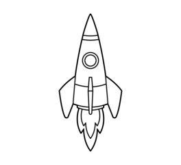 Rocket flying up into space. Icon, coloring book. Vector isolated illustration on white background, black and white line art