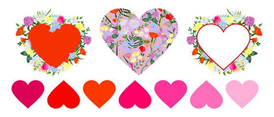 Set of hearts with flowers for Valentine's Day. Romantic cards with hearts.