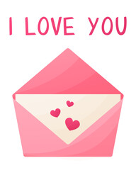 Postcard for valentines day. Love letter in cartoon style. Isolated on white background. I love you. Inscription

