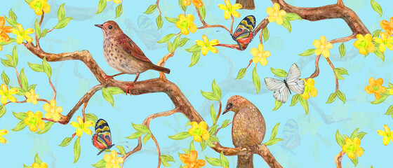 seamless texture with cute brown birds sitting on branch of flowering tree and butterflies. watercolor painting