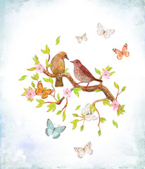 Fototapety  romantic invitation card with couple of cute brown birds sitting on branch of tree  surrounded by flying butterflies. watercolor painting
