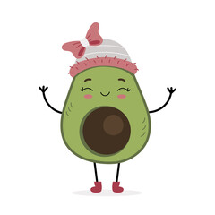 Cute smiling avocado character in winter hat with bow waving his hands. Printable print for clothes, posters, notebooks, postcards. Cartoon isolated illustration on white background