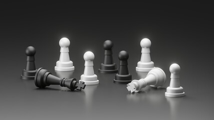 White and Black King Falling in front of Pawn with dark background. 3D illustration of chess