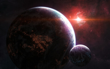 Obraz na płótnie Canvas Inhabited planets in deep space. Beautiful space landscape. Science fiction. Elements of this image furnished by NASA