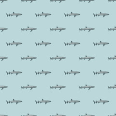 Obraz premium Reef shark seamless pattern in scandinavian style. Marine animals background. Vector illustration for children funny textile.