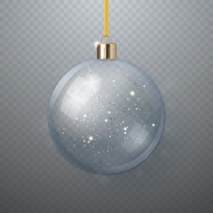 Realistic hanging transparent glass Christmas ball with snowflakes and golden stars inside. Decoration for the Christmas tree.