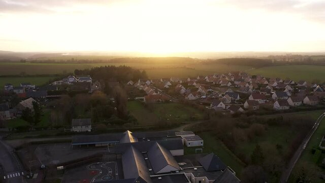 Drone shot of a small town in normandy