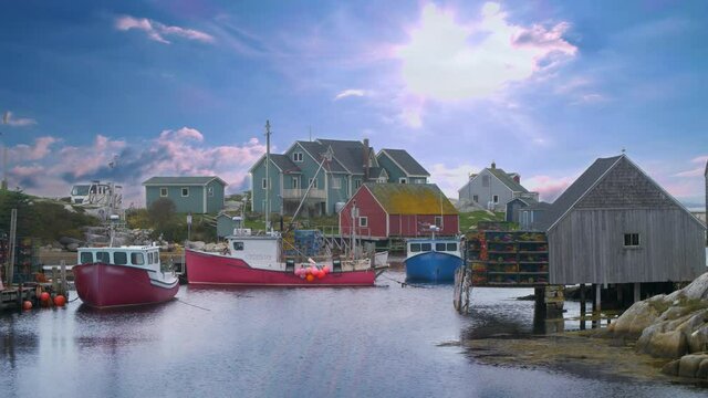 Picture perfect scene of a small fishing village on a beautiful sunny day.