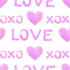 pink watercolor hearts on a white background. Hand drawn seamless pattern, vector illustration.  Texture for fabric, wrapping, wallpaper. Decorative print.
