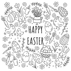 Hand drawn icons set of Easter elements in doodle sketch style. Vector illustration for icon, background, frame design.