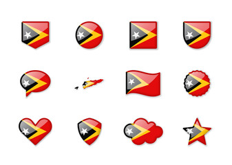 East Timor - set of shiny flags of different shapes.