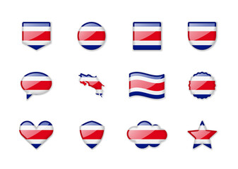 Costa Rica - set of shiny flags of different shapes.