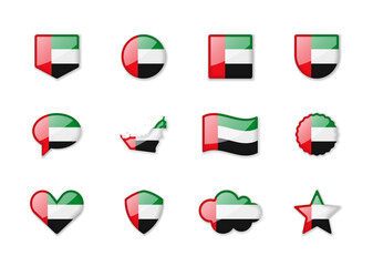 United Arab Emirates - set of shiny flags of different shapes.