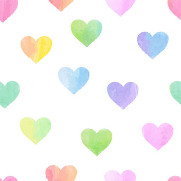 Multicolored watercolor hearts on a white background. Hand drawn seamless pattern, vector illustration.  Texture for fabric, wrapping, wallpaper. Decorative print.