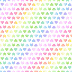 Multicolored watercolor hearts on a white background. Hand drawn seamless pattern, vector illustration.  Texture for fabric, wrapping, wallpaper. Decorative print. - 480203063