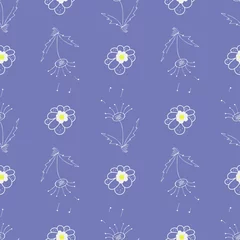 Wall murals Very peri Seamless pattern with dandelions on a purple background
