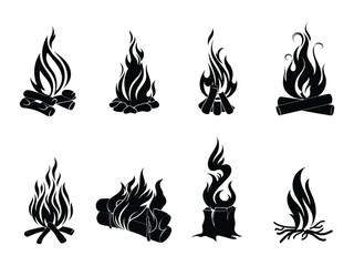 Set of silhouettes campfire. Collection of burning bonfire with wood. Firewood and campfire.  Burning woodpile. Tourism. Camping adventures.  Vector illustration of bonfire on night for travel camp. 