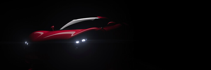 Front view of outline of red generic sports car in a dark studio 3d render