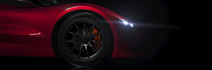 Side profile view of outline of red generic sports car in a dark studio 3d render