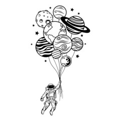 Illustration of cute astronaut flying with planet balloons. Portrait man in space. Astronomy. Spaceman flying with solar system and stars. Design of universe objects. © panaceaart