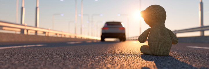 Toy bear at sunset on the road having been accidentally left behind 3d render
