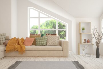 White living room with sofa and summer landscape in window. Scandinavian interior design. 3D illustration