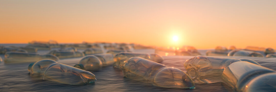Multiple plastic bottles floating on the ocean having been discarded damaging the eco system 3d render