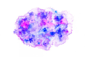 Fototapeta premium Abstract purple and blue watercolor background for design. Bright splashes and spots watercolor illustration. Colorful violet hand drawing on white background. Decoration elements