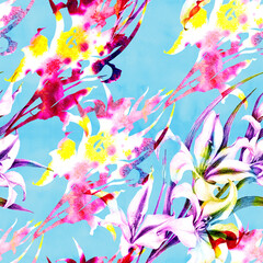 Fototapeta na wymiar Flowers on a watercolor background. Gladiolus. Abstract wallpaper with floral motifs. Seamless pattern. Use printed materials, signboards, posters, postcards, packaging.