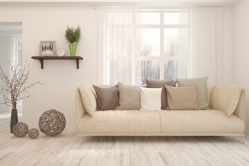 White living room with sofa and winter landscape in window. Scandinavian interior design. 3D illustration