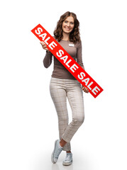 sale and business concept - happy female shop assistant or saleswoman holding red banner over white background