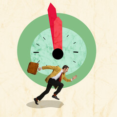 Contemporary art collage. Businessman running on clock background symbolizing time importance