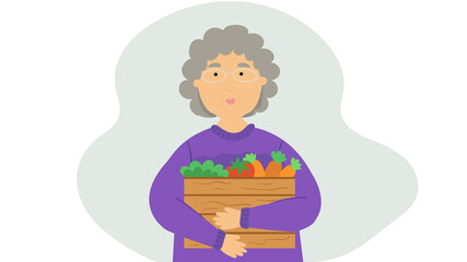 Old woman holding box of fresh vegetables. Gardening lifestyle vector. Local food concept 