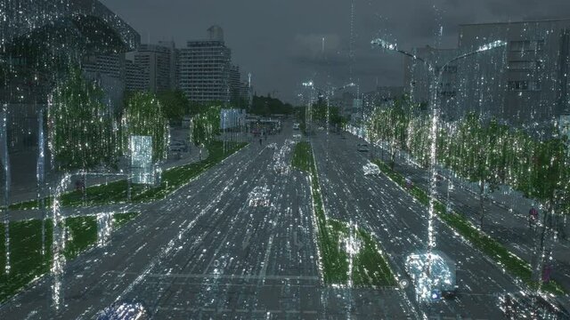 Cyberspace. Digital city concept. Urban street scene with grid of glowing numbers in matrix style