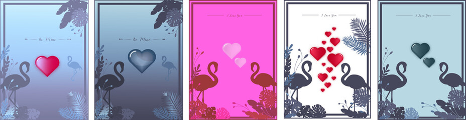 Valentine's day bundle of posters, promo flyers with 3d elements, flamingo couple and tropical leaves. High quality photo