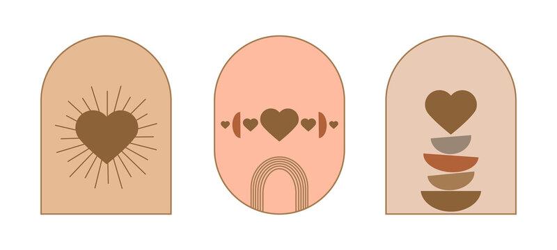 Boho love logo set. Bohemian Valentines Day . Hearts and love abstract boho elements. Valentines day retro icons. Vector design temlates and greeting cards for Valentines Day.