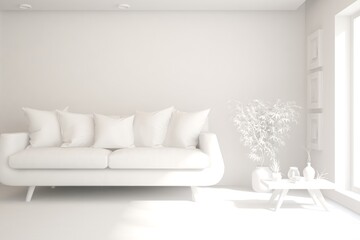 Mock up of minimalist living room in white color with sofa. Scandinavian interior design. 3D illustration