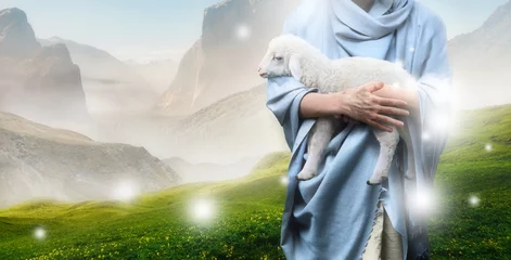 Deurstickers Jesus recovered the lost sheep carrying it in his arms. Biblical story conceptual theme. © funstarts33