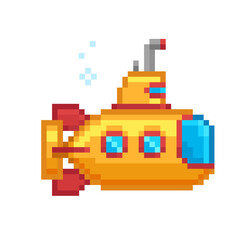 Fototapeta premium Pixel Art Yellow Submarine bathyscaphe icon design on white background vector illustration. 8-bit style Submarine pixel logo for retro 80s game design